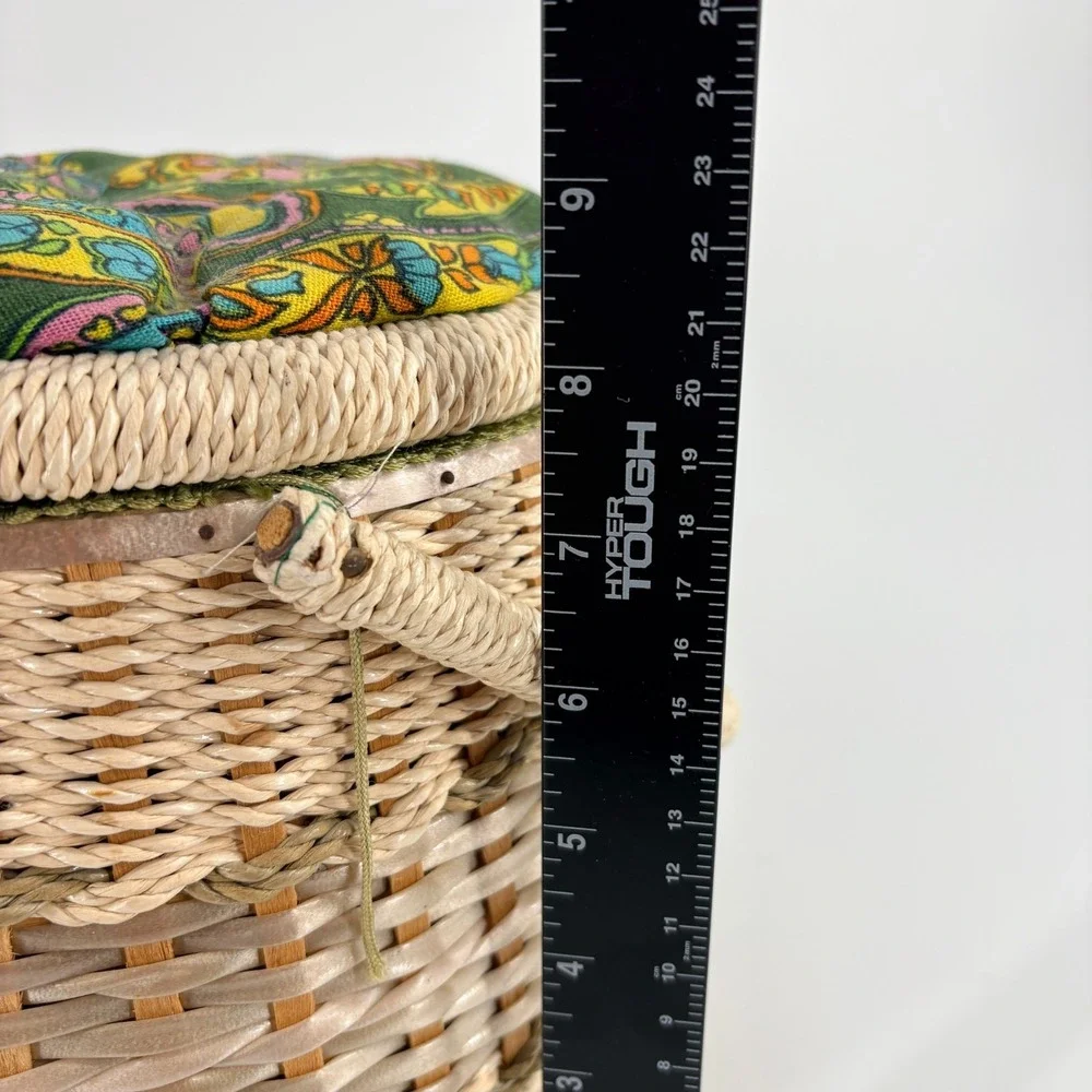 Vintage 1960s Sewing Woven Basket Green Pink  Paisley Fabric Handle Tray Japan